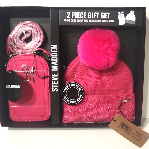 NWT! Steve Madden Phone Crossbody & Rhinestone Winter Hat 2 Pc Set Fushia Pink - Picture 10 of 10